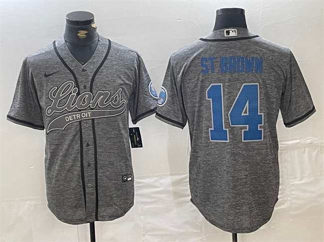 Men's Detroit Lions #14 Amon-Ra St. Brown Gray Cool Base Stitched Baseball Jersey